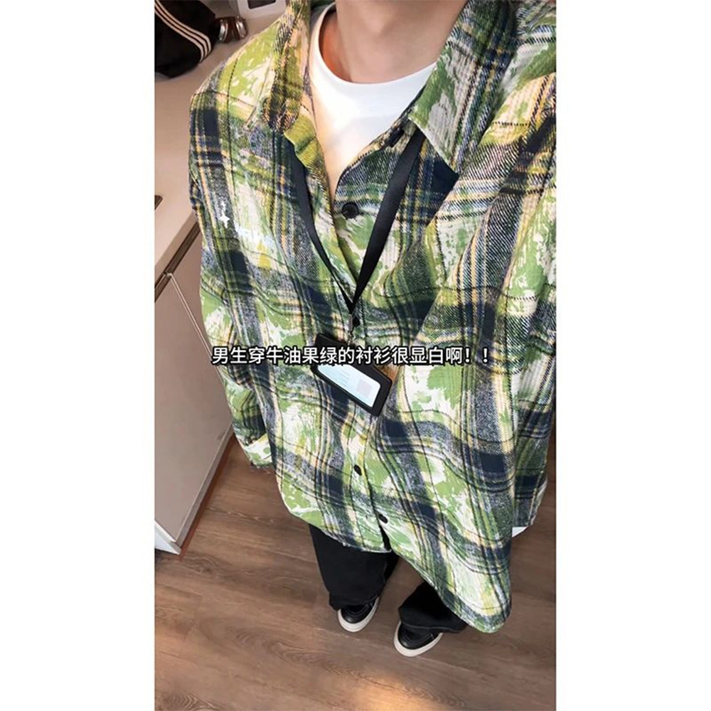 vintage绿色扎染格子衬衫男高级感痞帅长袖衬衣美式防晒情侣外套