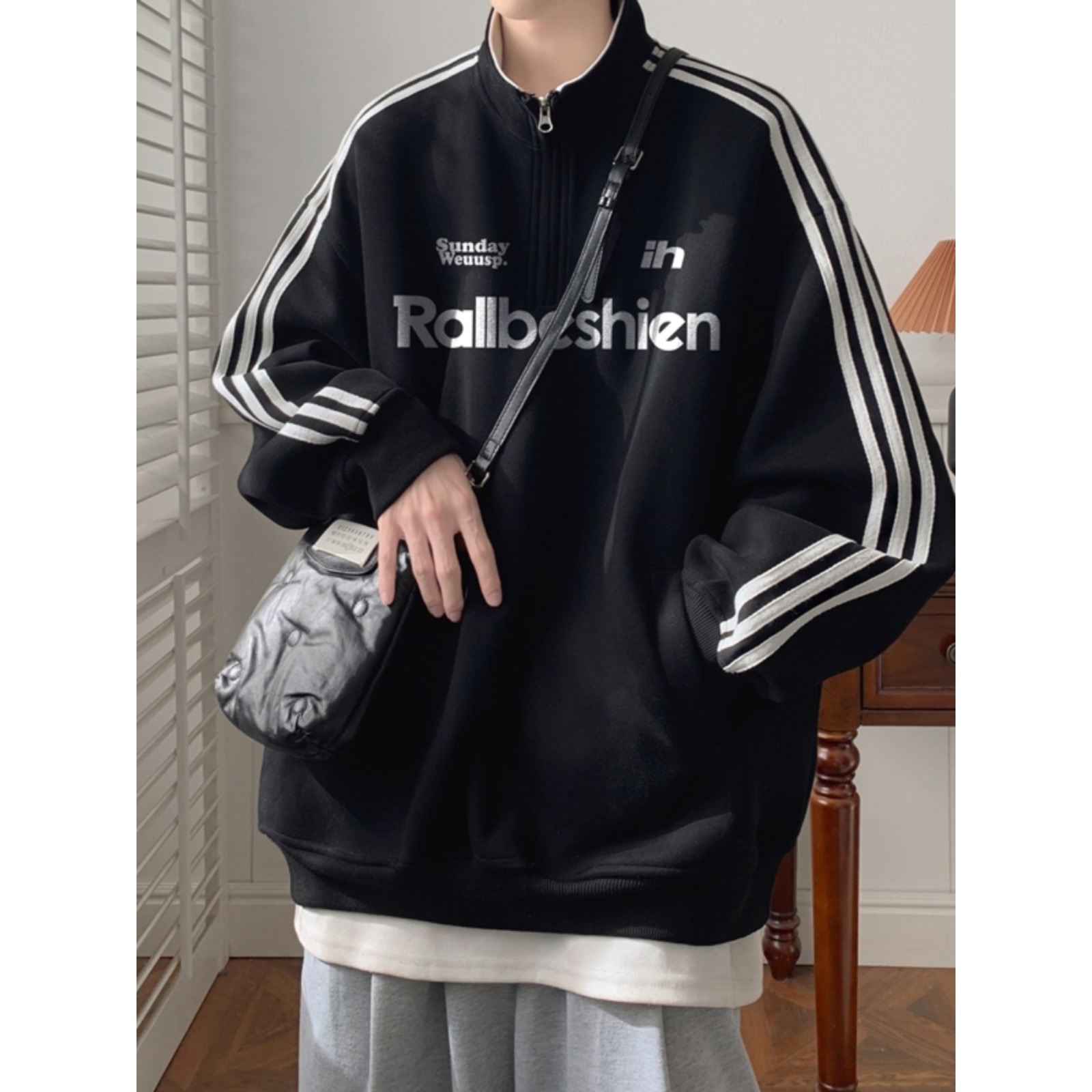 美式半拉链重磅卫衣男款秋冬加绒加厚polo领上衣服痞帅休闲外套