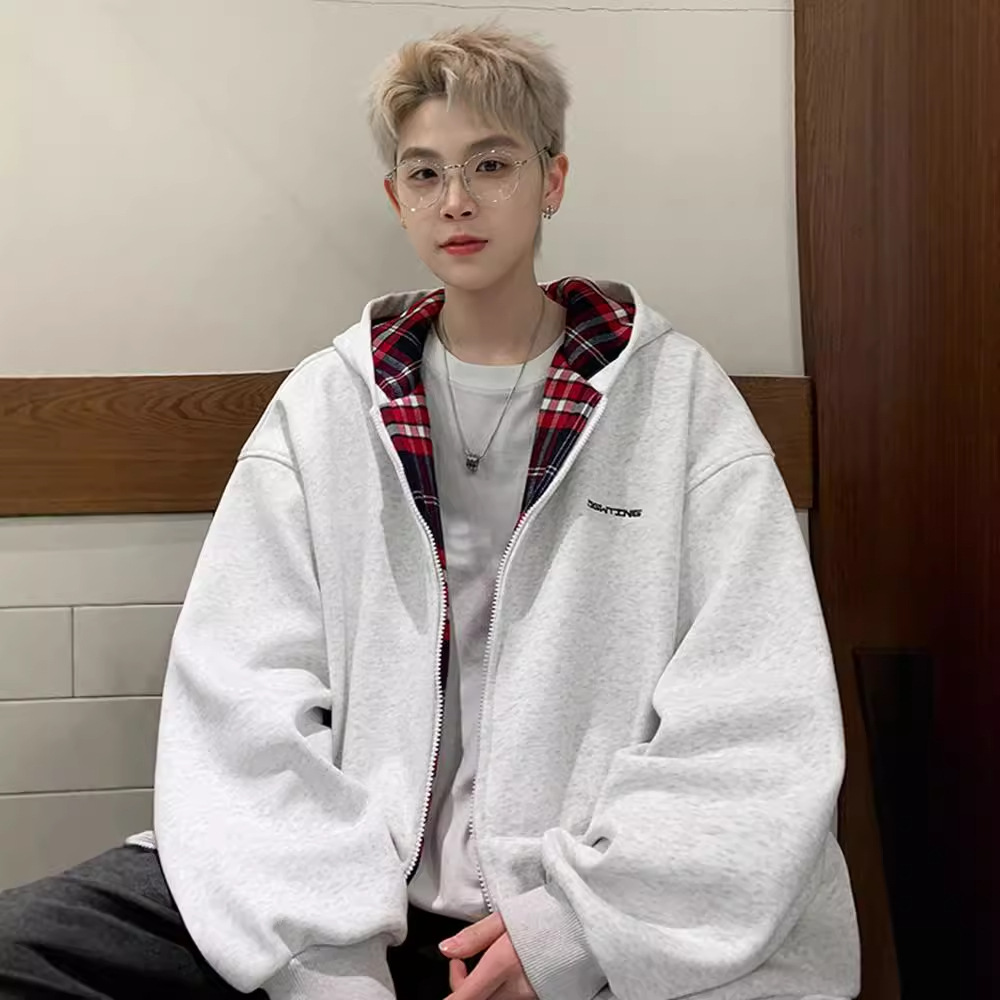 美式格子拼接开衫卫衣男春秋新款宽松潮牌中性风休闲重磅连帽外套