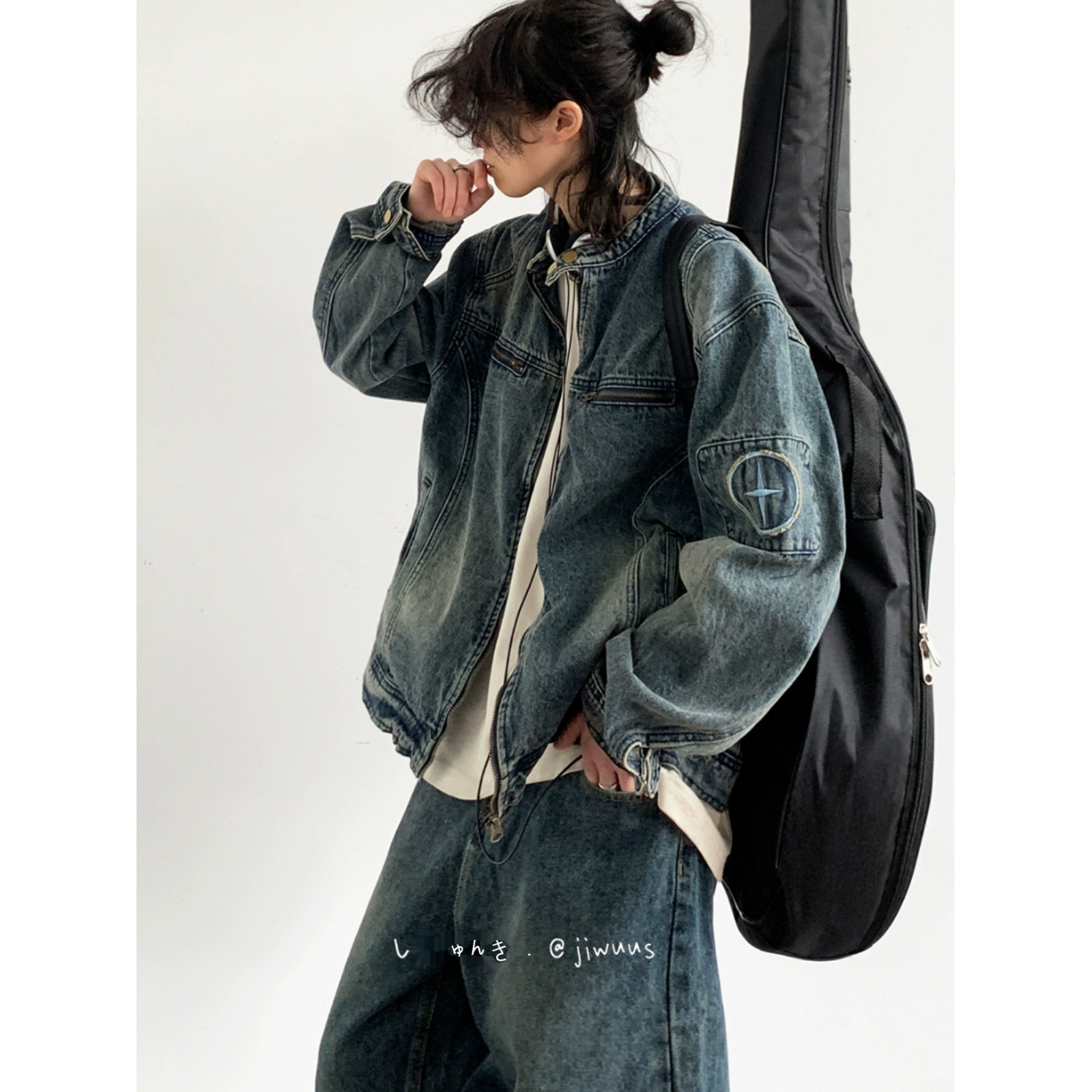 2025春秋季日系复古刺绣水洗牛仔外套男女生BF风宽松蓝色工装上衣