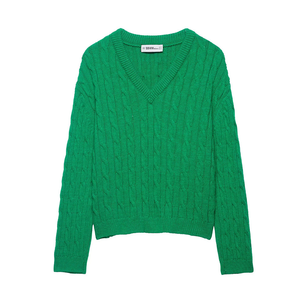 欧美风V领八股编针织衫女春秋季外穿绿色套头百搭显瘦麻花纹毛衣