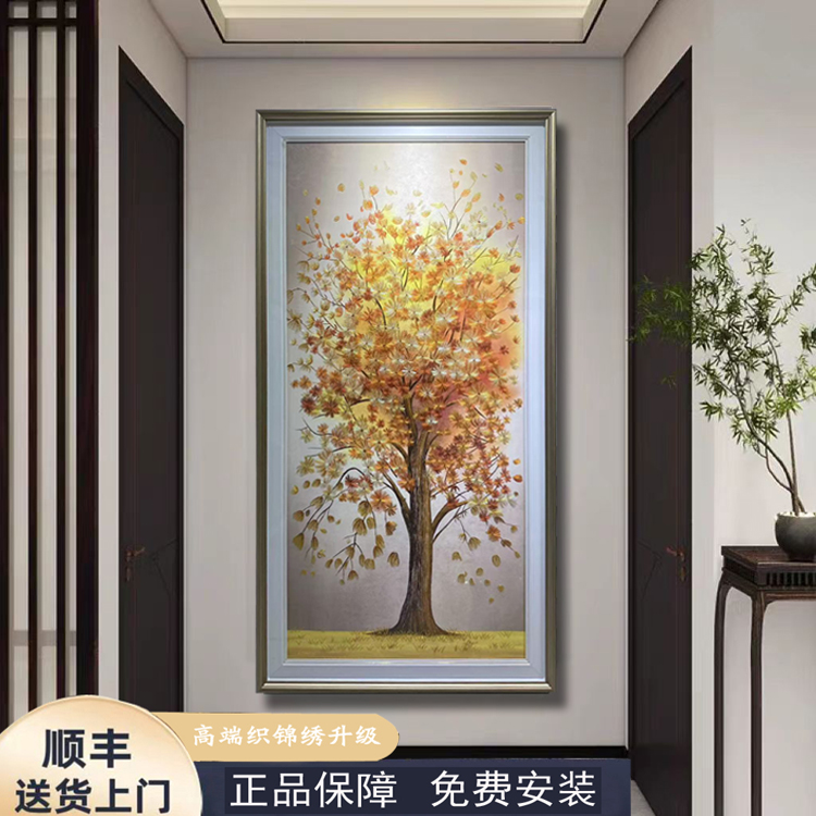 玄关新款装饰画入户走廊别墅过道轻奢壁画高档大气发财树刺绣挂画图片