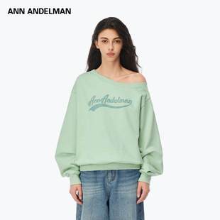 ANDELMAN发泡印花斜领单肩卫衣露肩上衣 ANN 腻腻同款