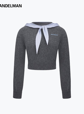ANN ANDELMAN学院风格子领拼接针织衫女冬假两件灰色短款修身毛衣