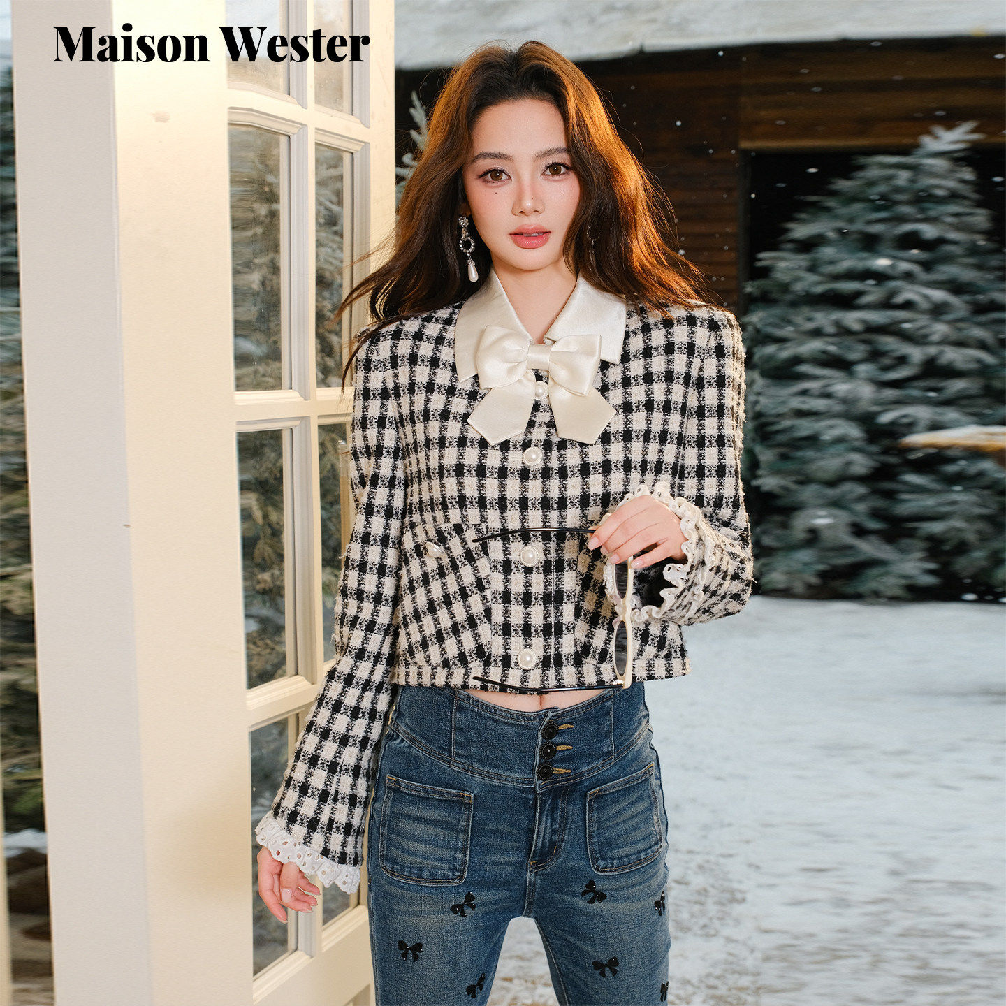Maison Wester2026早春新品小香风黑白格子粗花呢蕾丝领短外套女,女装/女士精品,短外套,淘宝优惠券,粉丝福利购,淘宝优惠卷