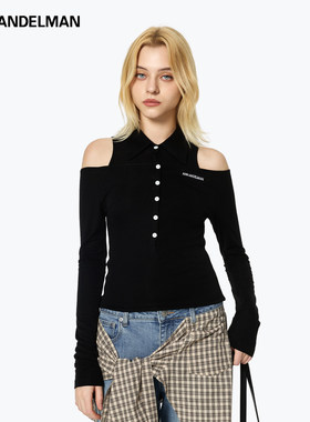 ANN ANDELMAN官方直营黑色修身短款一肩相连式POLO长袖针织衫上衣
