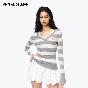 明星同款 针织衫 ANN 条纹长袖 挂脖假两件上衣 ANDELMAN秋新款