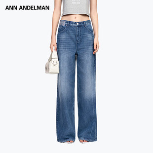 ANN ANDELMAN官方直营水洗花体烫钻牛仔裤宽松裤脚微破毛边长裤
