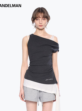 ANN ANDELMAN官方直营 深灰色拼接无袖上衣设计感飘带拼接斜肩T恤
