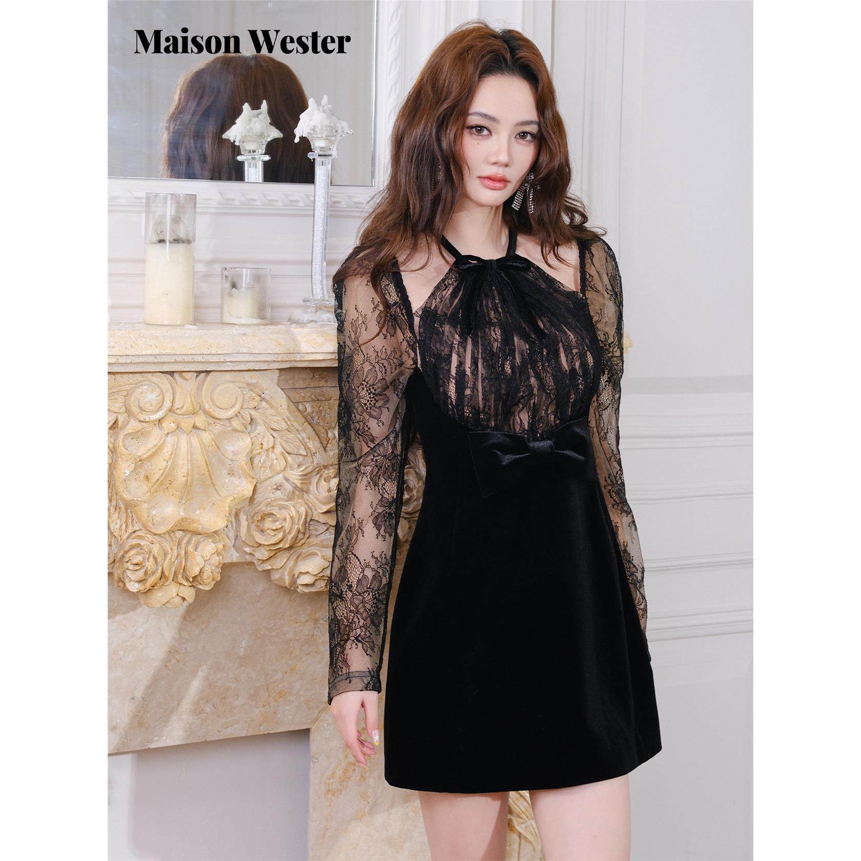 【圣诞限定】Maison Wester2025冬季新品挂脖蝴蝶结透视袖丝绒裙,女装/女士精品,连衣裙,淘宝优惠券,粉丝福利购,淘宝优惠卷