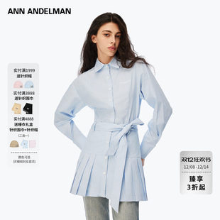 精选6折 百褶连衣裙蝴蝶结修身 ANN 衬衫 短裙 ANDELMAN蓝色长袖