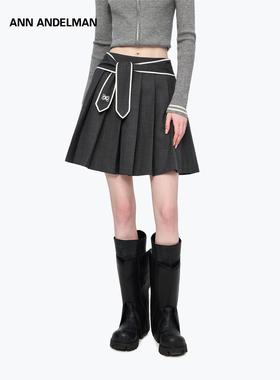 ANN ANDELMAN2026春季新款海军系带灰色百褶短裙高腰学院风A字裙