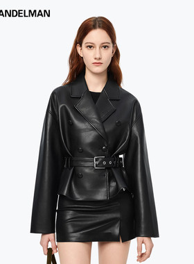 ANN ANDELMAN黑色皮衣女秋冬酷飒风机车双排扣短款绑带皮夹克外套