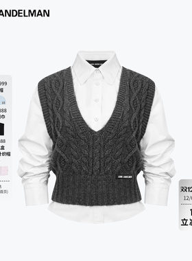 ANN ANDELMAN真两件U领针织背心白色长袖衬衫复古学院风简约干练