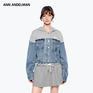 做旧连帽牛仔拼接解构短款 ANDELMAN新款 ANN 夹克外套 明星同款