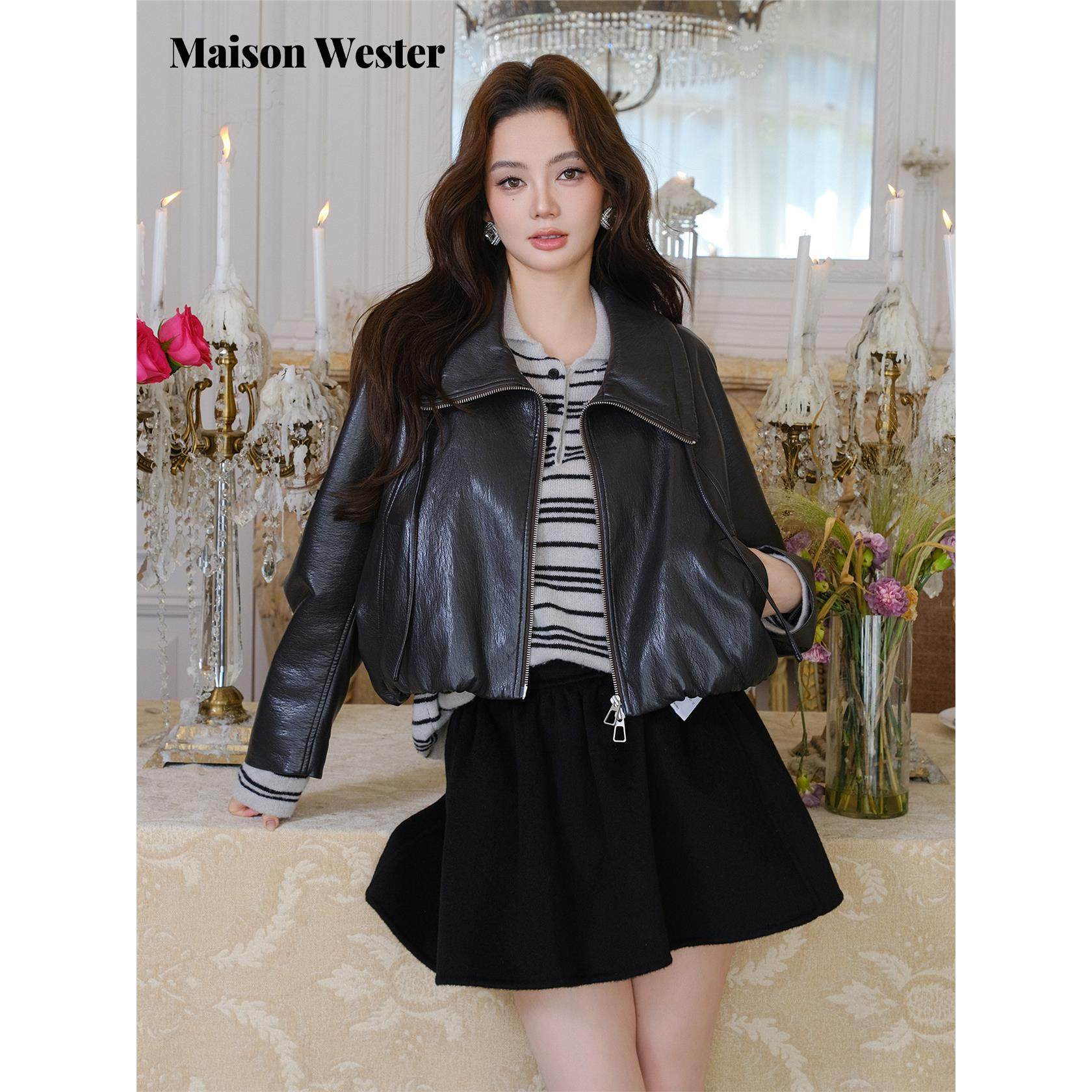 Maison Wester2025年冬季新品翻领短款拉炼袖侧贴标皮衣,女装/女士精品,皮衣,淘宝优惠券,粉丝福利购,淘宝优惠卷