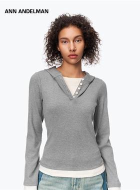 ANN ANDELMAN官方直营 2025年秋季新款灰色修身假两件连帽打底T恤