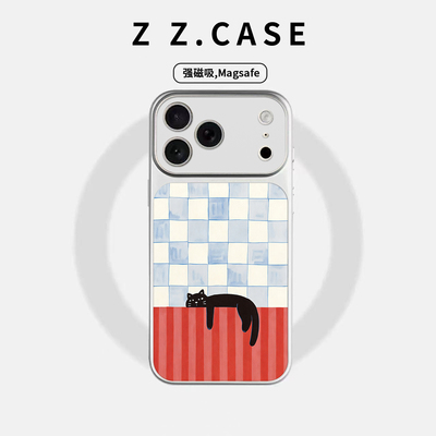 格纹猫咪ins原创大视窗适用磁吸苹果手机壳iPhone17promax防摔16pro个性15全包14plus简约13可爱保护套