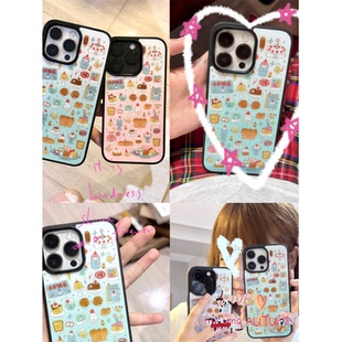 昭和情侣款气泡水绿色和桃子气泡水粉夏日「天天开心」平铺面包店小可爱适用于苹果16pro黑边亚克力手机壳