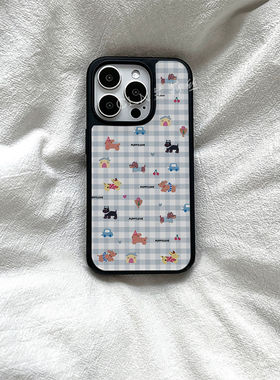 暗紫色格子腊肠狗亚克力黑边亮面磨砂适用苹果16手机壳iPhone15ProMax14Pro13保护套12mini78防摔ins玻璃壳