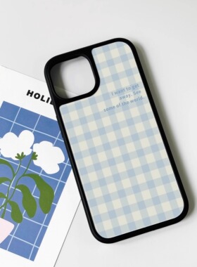 简约蓝色方格ins亚克力黑边适用苹果iPhone16promax手机壳15pro小米14Pro保护套华为mate防摔三星S23荣耀