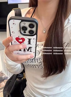 少女可爱猫咪爱心英文ins亚克力黑边软边适用苹果iPhone16promax手机壳15pro小米14Pro保护套华为mateS23亮面