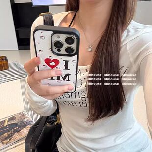 少女可爱猫咪爱心英文ins亚克力黑边软边适用苹果iPhone16promax手机壳15pro小米14Pro保护套华为mateS23亮面