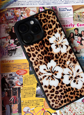 原创豹纹白色扶桑花亚克力黑边亮面适用苹果16手机壳iPhone15ProMax14Pro13保护套11XsMax防摔ins