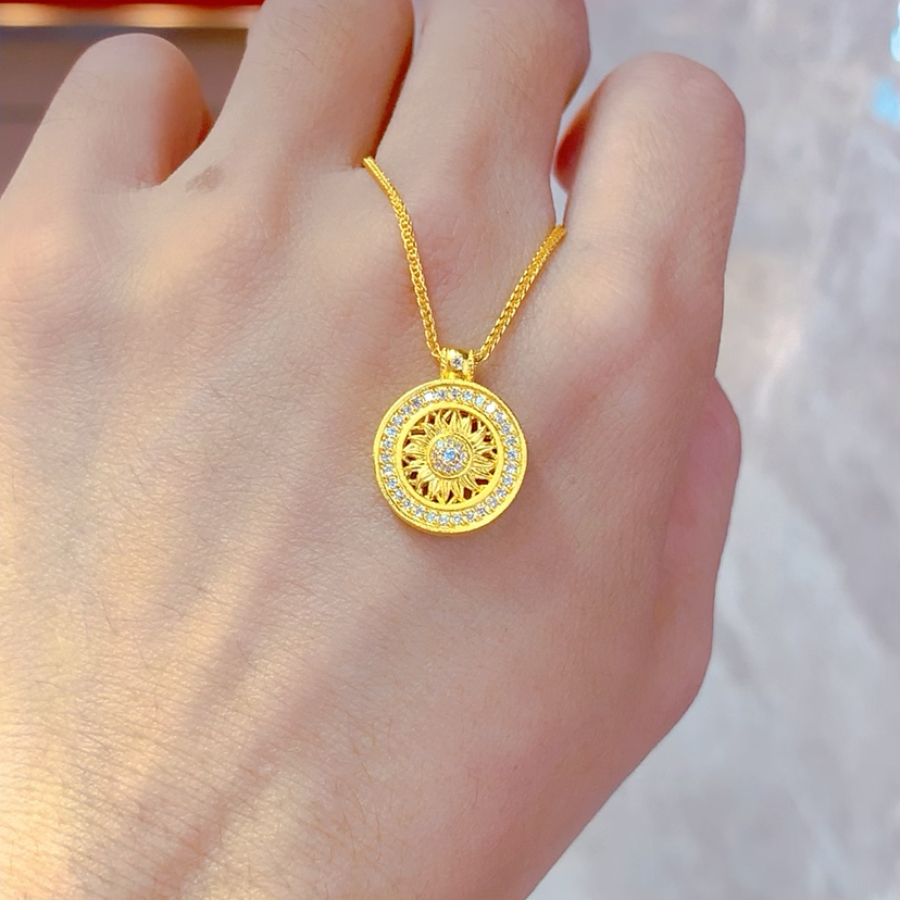 古法点钻传呈足金太阳花向日葵足金999钻石吊坠项链套链拍前询价