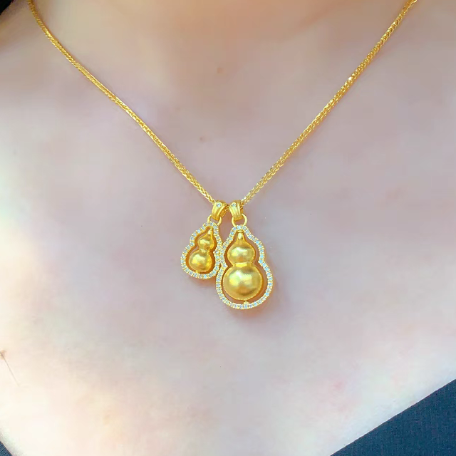 万得隆古法黄金韦雪同款点钻双葫芦叠戴吊坠项链福禄挂坠足金999