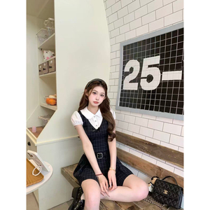 麻吉mochi伯克利假日拼接设计假两件连衣裙女夏收腰格纹短裙