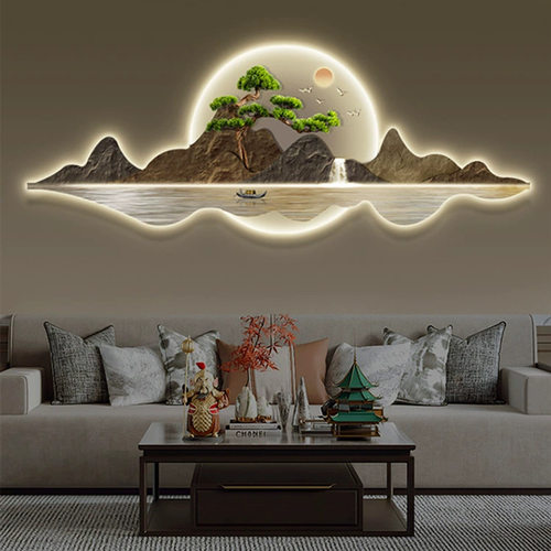 沙发背景墙挂画新中式壁画高级感led灯画现代客厅装饰画山水画