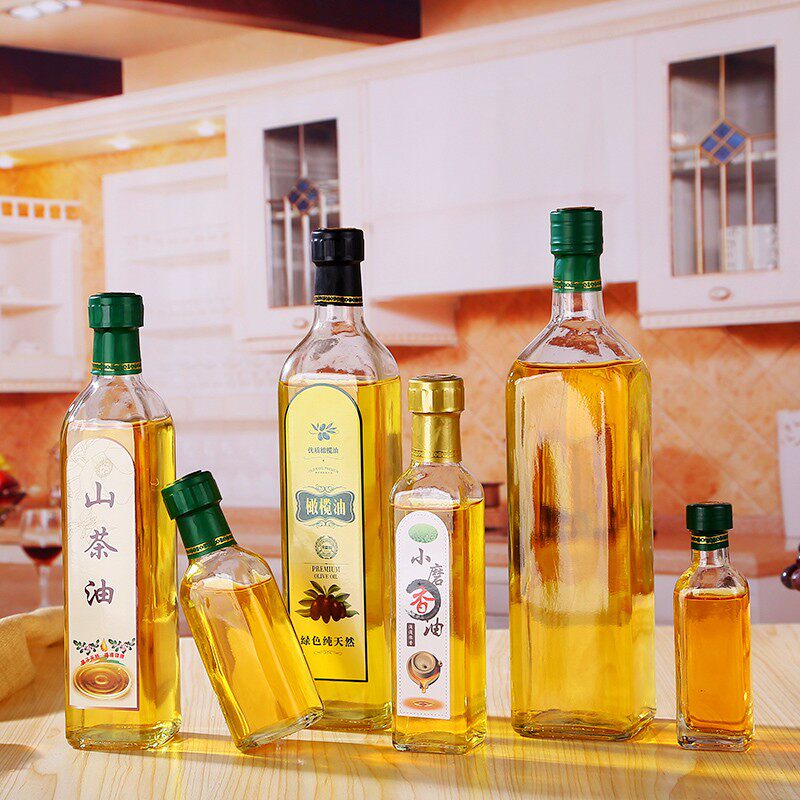 250ml500ml750ml山茶油瓶玻璃透明墨绿橄榄油瓶方形圆形核桃油瓶