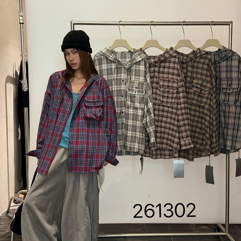 becabeau奢佑261302复古风格子衬衫女立领带帽宽松百搭外套2026秋图片
