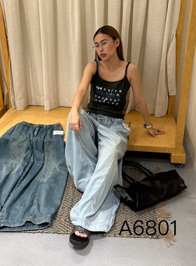 becabeau幕茄6801高腰宽松阔腿裤女破洞减龄显瘦牛仔裤夏2026新款