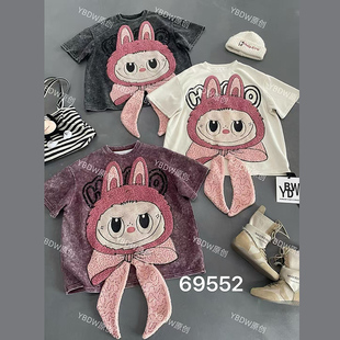 T恤女宽松潮流ins上衣秋69552 衣布道味重工贴布绣卡通拉布布短袖