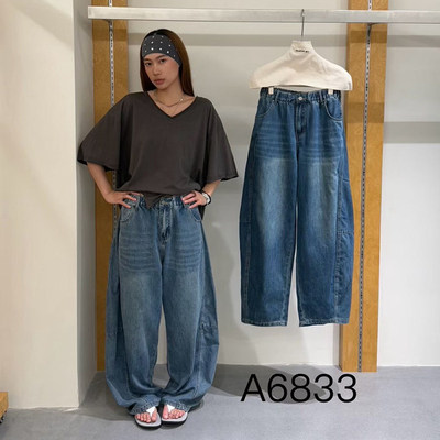 becabeau幕茄6833高腰宽松弯刀牛仔裤女长裤破洞深蓝色2026夏新款