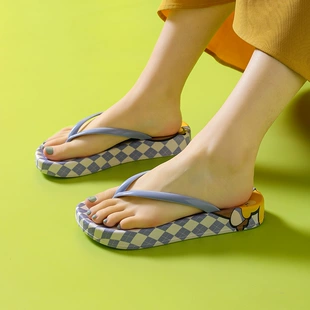 ins潮夏季 可爱厚底涂鸦沙滩人字拖女2023新款 外穿夹脚凉拖鞋 防滑