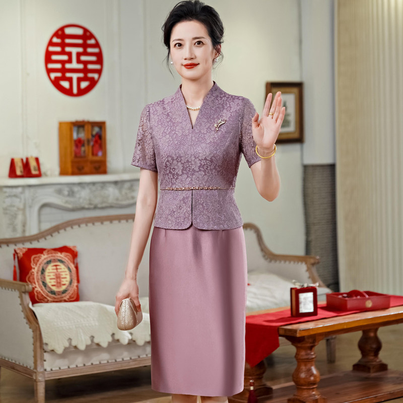 6月高端妈妈婚宴礼服假两件套装高级感年轻喜婆婆婚礼连衣裙夏季