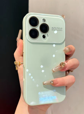 高颜值清新简约自带镜头膜适用苹果16promax大视窗手机壳iphone15ProMax玻璃新款14pro女17高级13p全包保护套