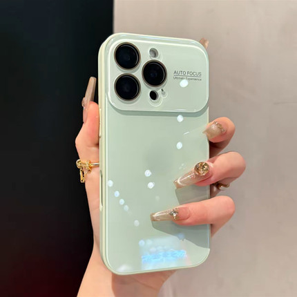 高颜值清新简约自带镜头膜适用苹果16promax大视窗手机壳iphone15ProMax玻璃新款14pro女16高级13p全包保护套