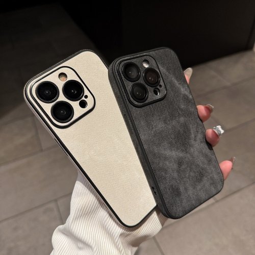 高级牛仔皮纹手机壳自带镜头膜
