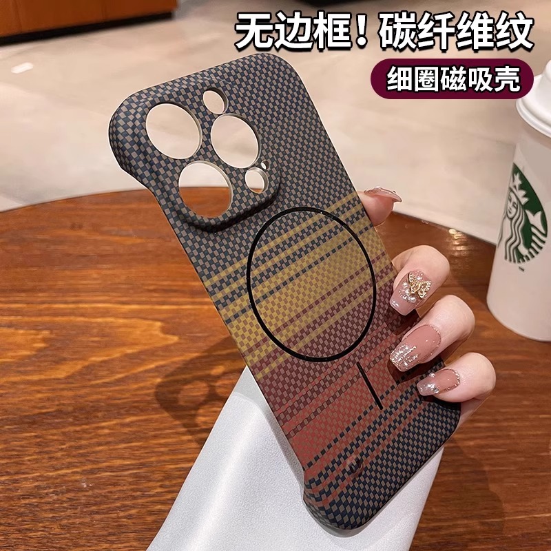 适用iphone16promax苹果15pro散热无边框14plus碳纤维纹13细圈磁吸12超薄防摔pm高级感凯夫拉男女半包外壳夏
