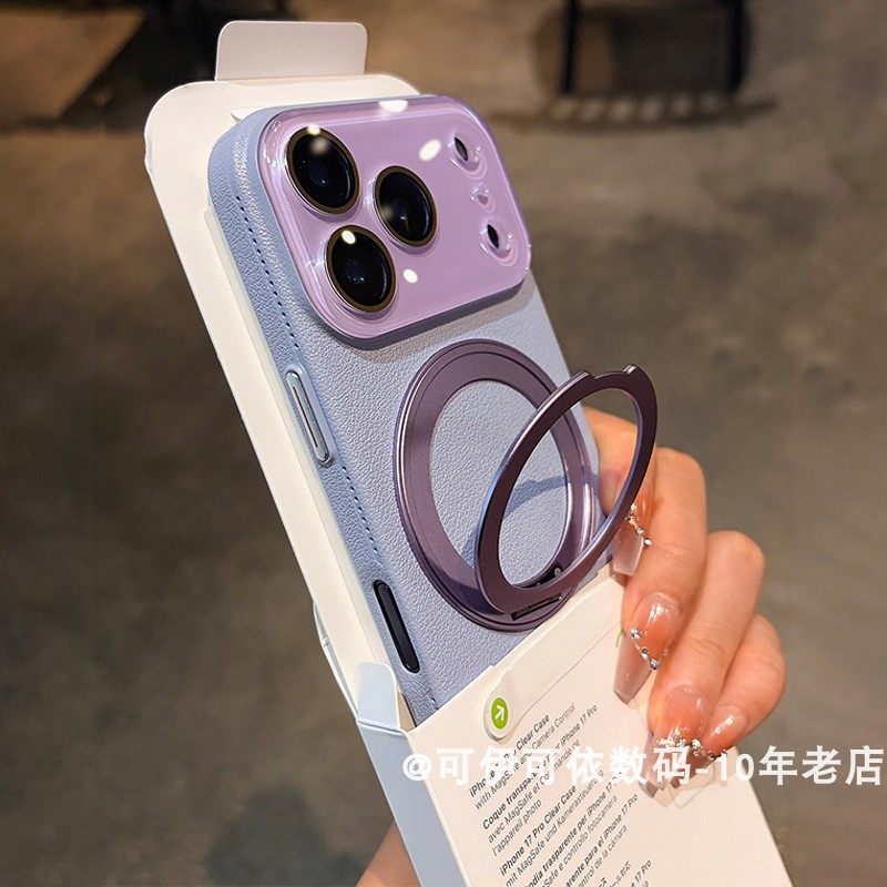 适用苹果16promax手机壳17pro新款创意360度旋转磁吸支架iphone15荔枝纹plus全包带镜头膜14保护套男女12防摔
