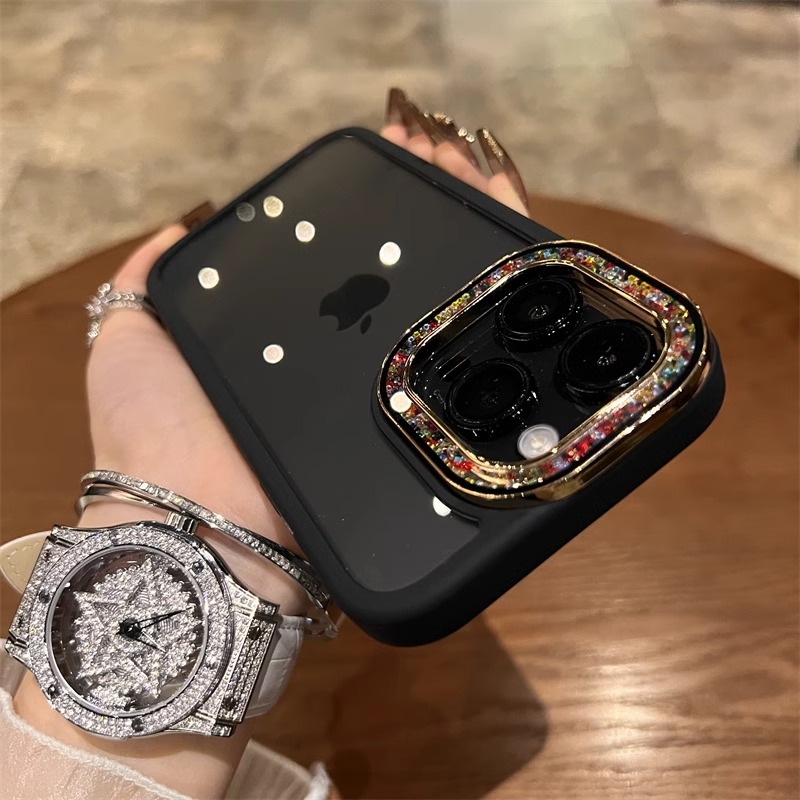透黑彩钻镜框适用苹果15手机壳苹果16ProMax新款iphone15promax高级感苹果13套14硅胶12全包防摔女Pro创意潮