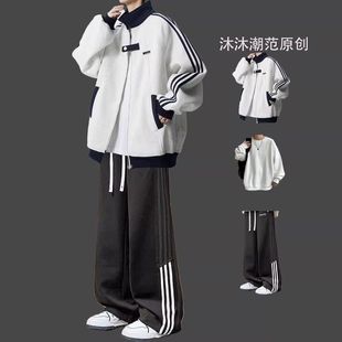 美式拼接运动夹克男春秋款潮牌套装痞帅牛仔裤搭配高街棒球服一套