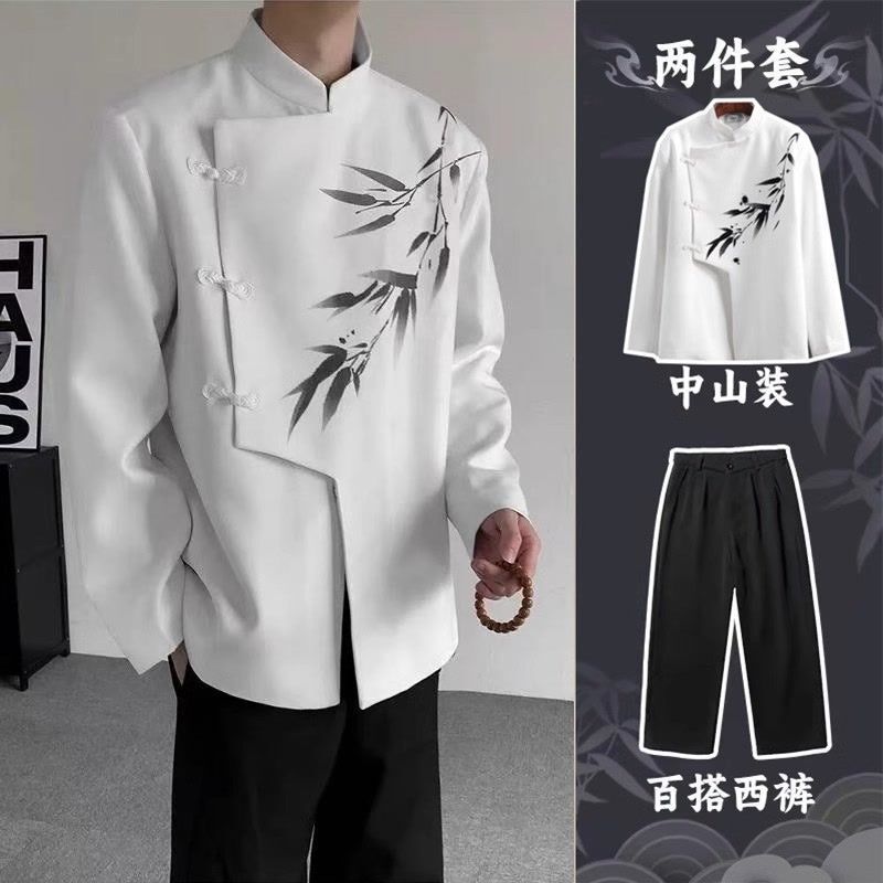 2025春秋新中式男装套装白色中山装国风立领斜襟盘扣西装礼服外套