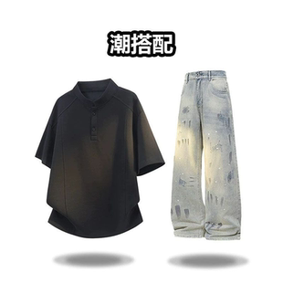 黑色夏季t恤立领短袖polo衫潮男复古休闲个性搭配牛仔裤美式套装