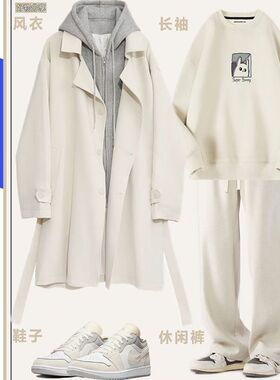 2025时尚百搭风衣新款中长款休闲白色风衣一整套冬季保暖宽松外套