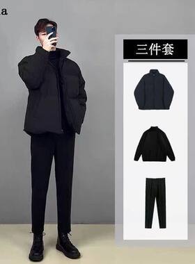 冬季棉服套装男简约保暖棉袄外套加绒裤子宽松帅气潮男一整套穿搭